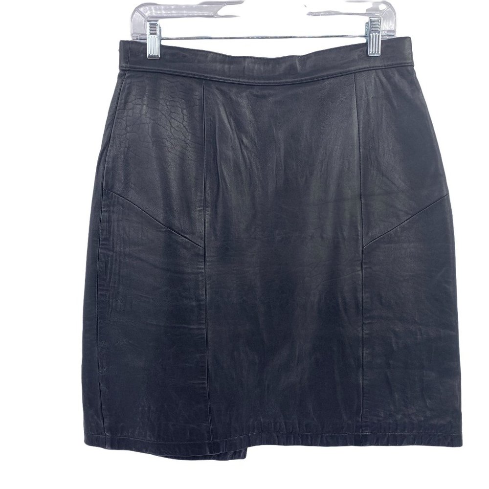 Vintage Leather hideout knee length skirt size 12 black office goth emo